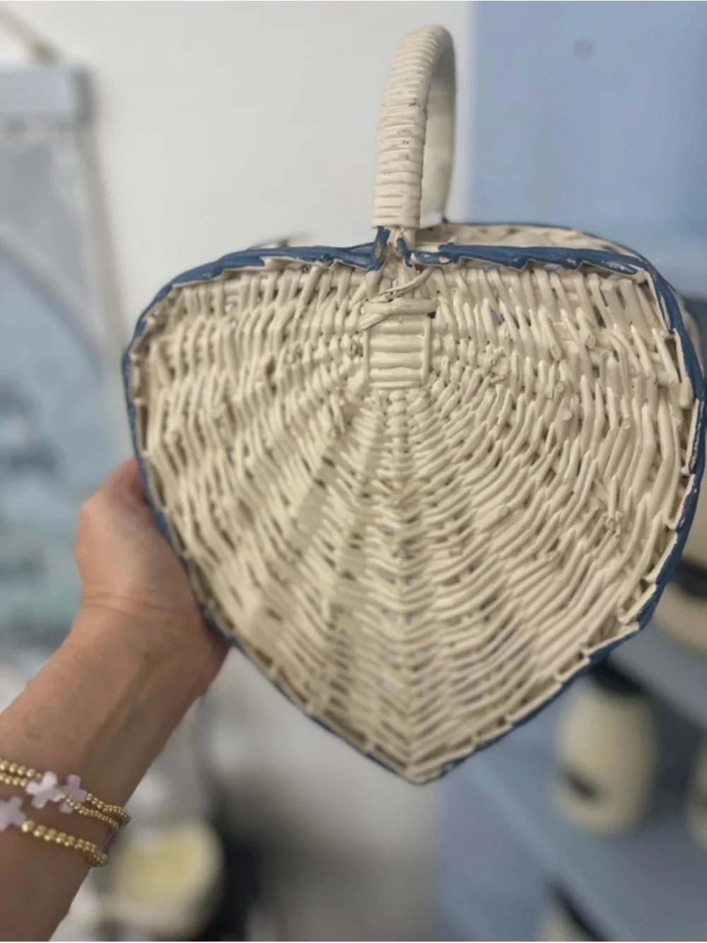 Vintage Handwoven Heart Basket with Floral Accent - Natural and Blue